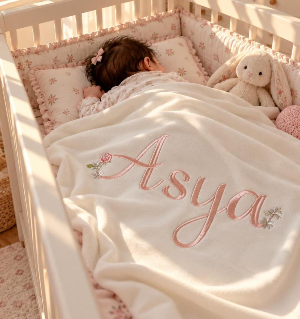 Personalisierte Baumwoll-Babydecke mit Wunschnamen – Kuschelweiche Jersey-Decke mit filigraner Blumenstickerei (80x90 cm)