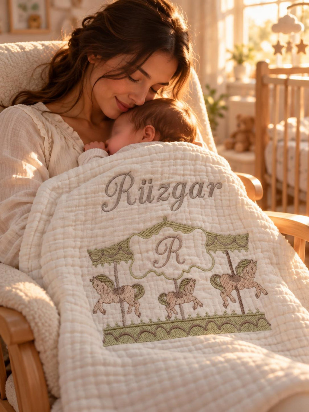 Personalisierte 4-Lager Bio-Muslin Babydecke mit Wunschnamen – Handbesticktes Karussell-Design (85x110 cm)