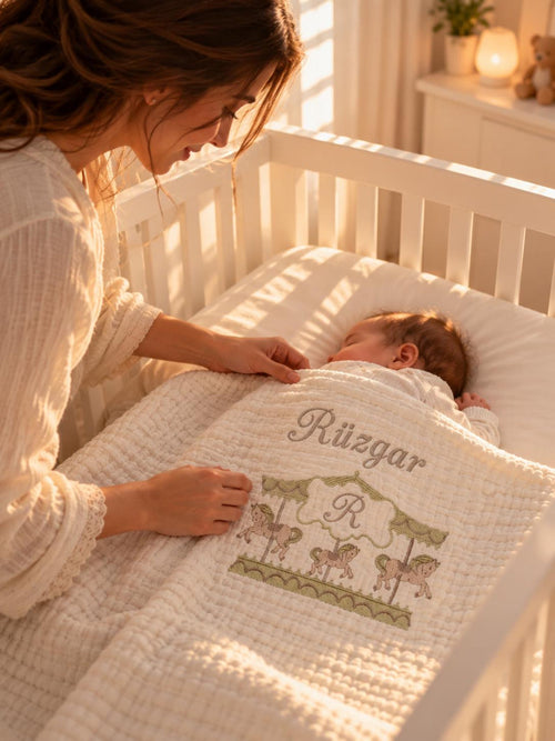 Personalisierte 4-Lager Bio-Muslin Babydecke mit Wunschnamen – Handbesticktes Karussell-Design (85x110 cm)