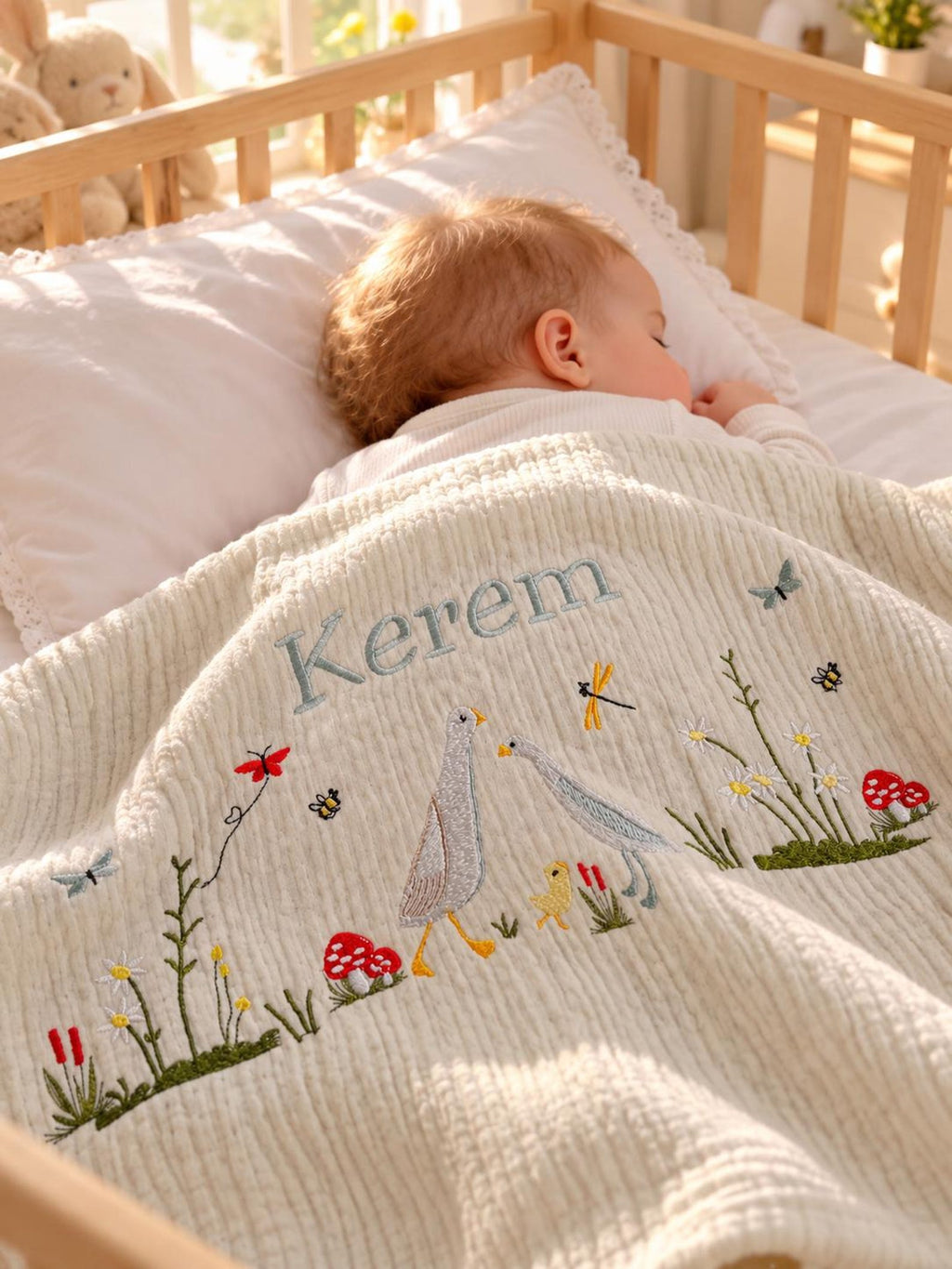 Personalisierte 4-Lager Bio-Muslin Babydecke mit Wunschnamen – Handbesticktes Natur-Design mit Gänsefamilie (85x110 cm)