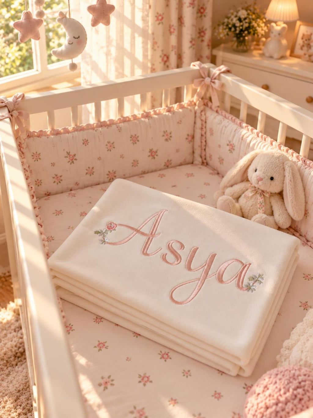 Personalisierte Baumwoll-Babydecke mit Wunschnamen – Kuschelweiche Jersey-Decke mit filigraner Blumenstickerei (80x90 cm)