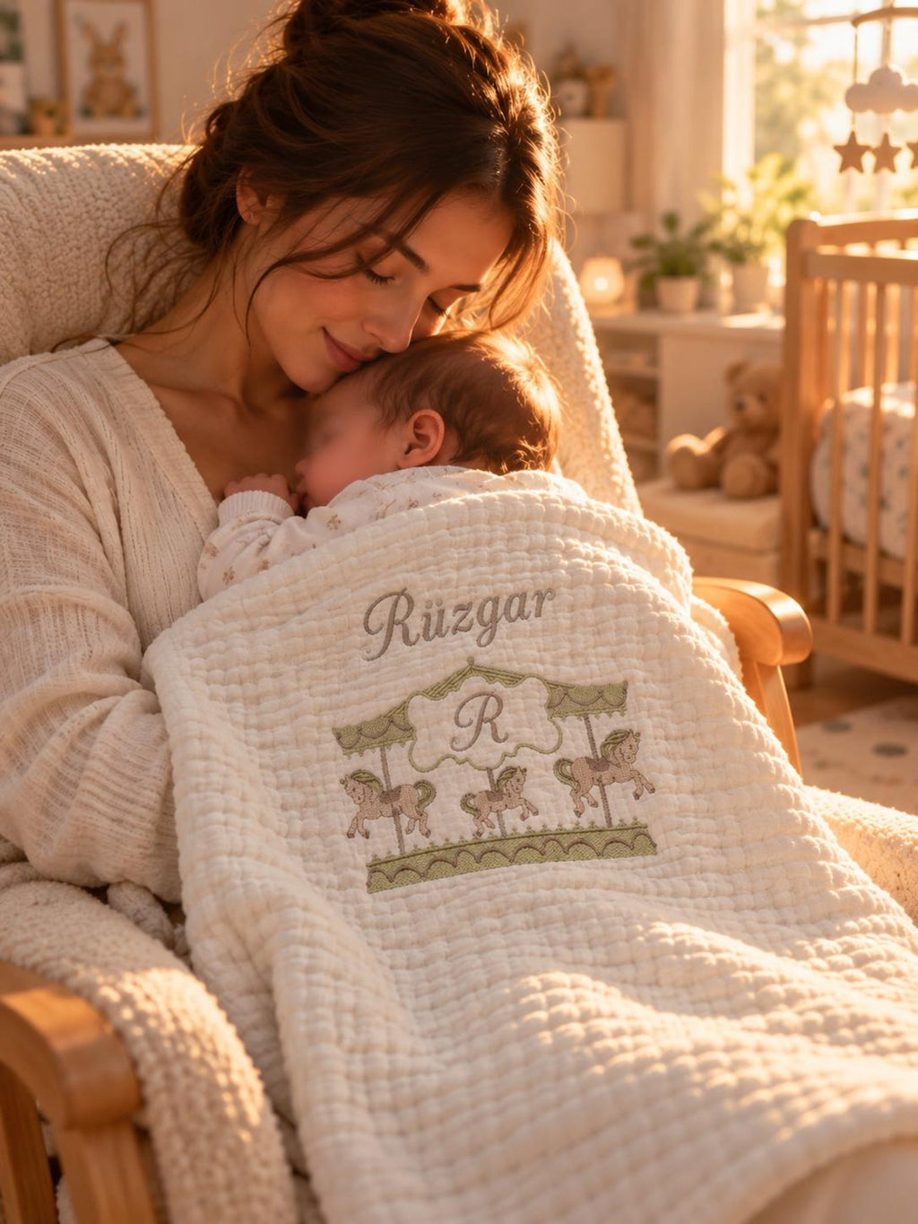 Personalisierte 4-Lager Bio-Muslin Babydecke mit Wunschnamen – Handbesticktes Karussell-Design (85x110 cm)