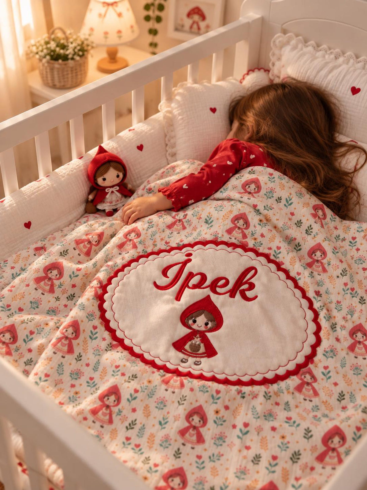 Personalisierte Rotkäppchen Bio-Muslin Babydecke mit Wunschnamen – Märchenhaftes Design (90x110 cm)