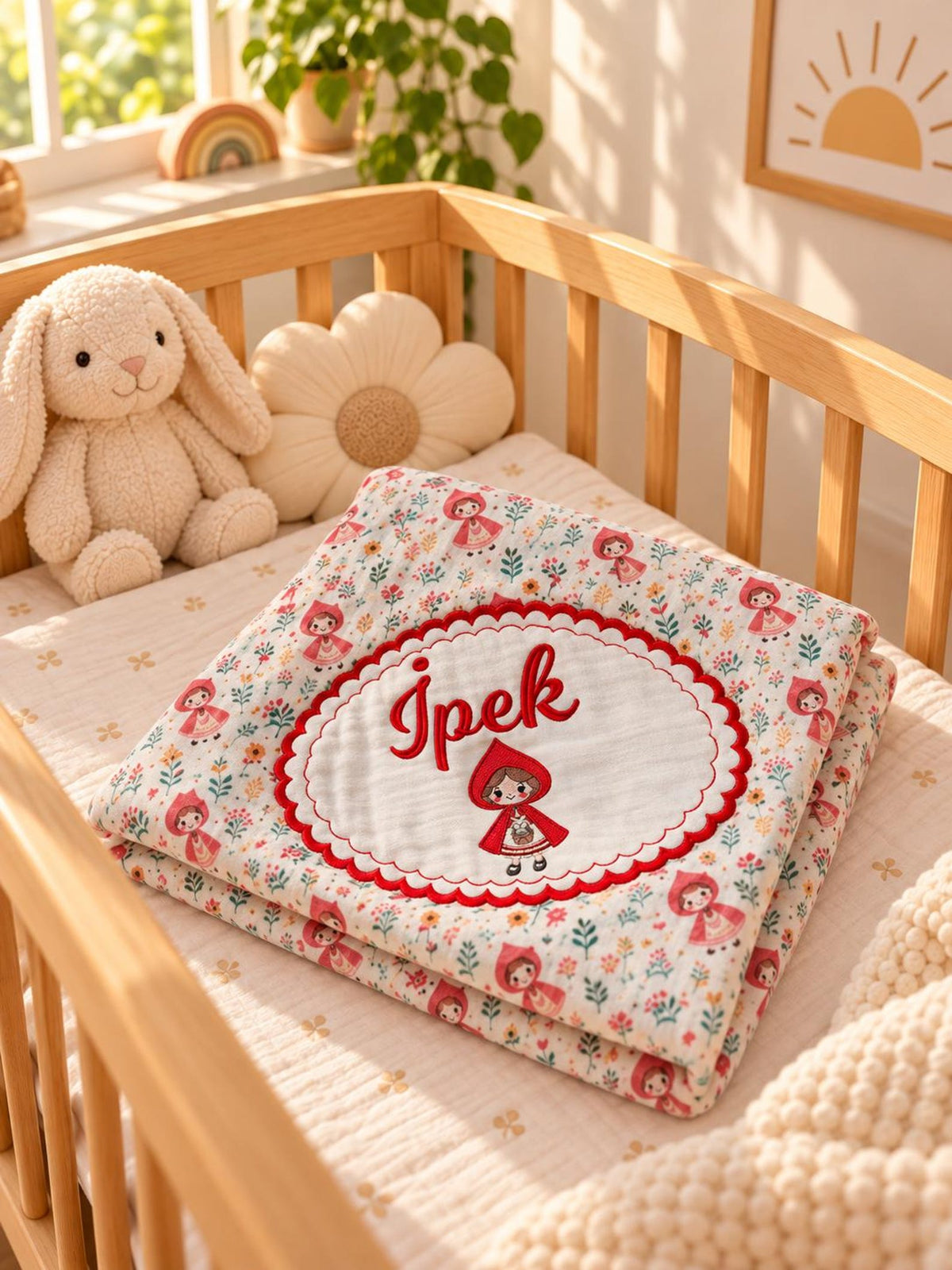 Personalisierte Rotkäppchen Bio-Muslin Babydecke mit Wunschnamen – Märchenhaftes Design (90x110 cm)