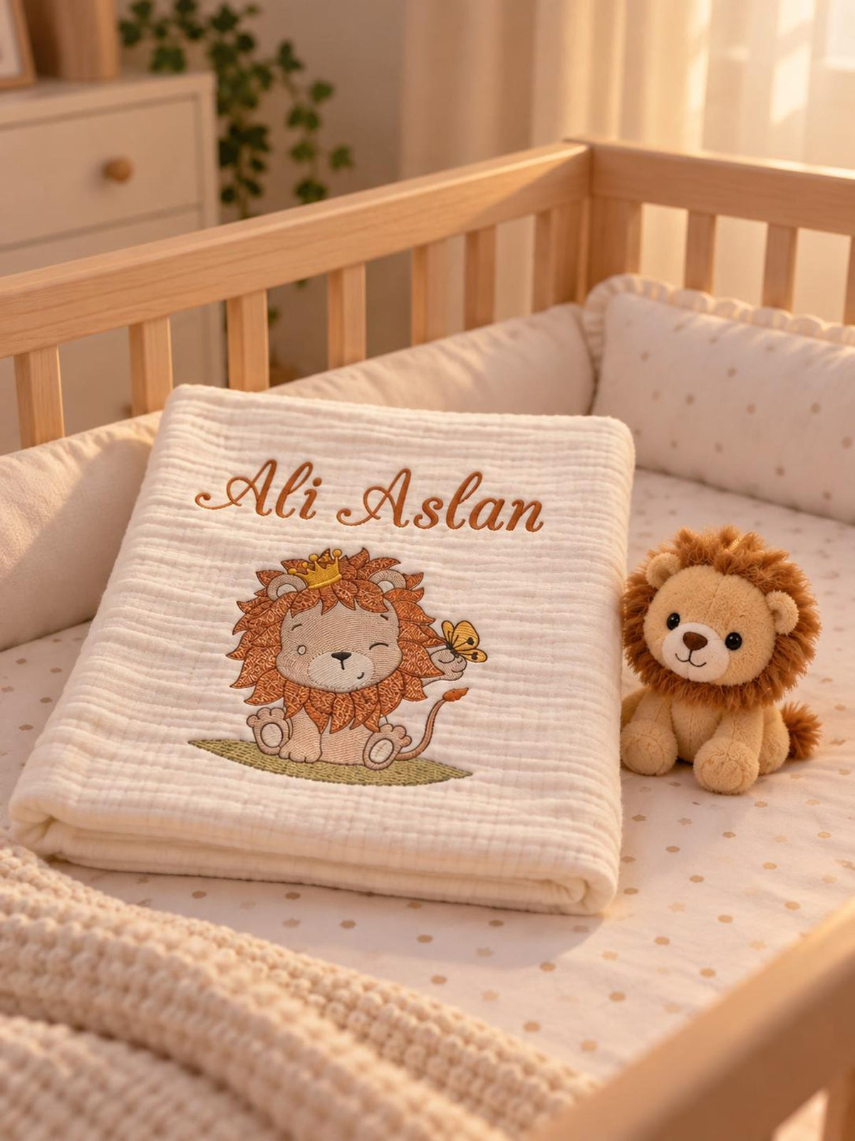 Personalisierte 4-Lager Bio-Muslin Babydecke mit Wunschnamen – Handbesticktes Löwen-Design (85x110 cm)
