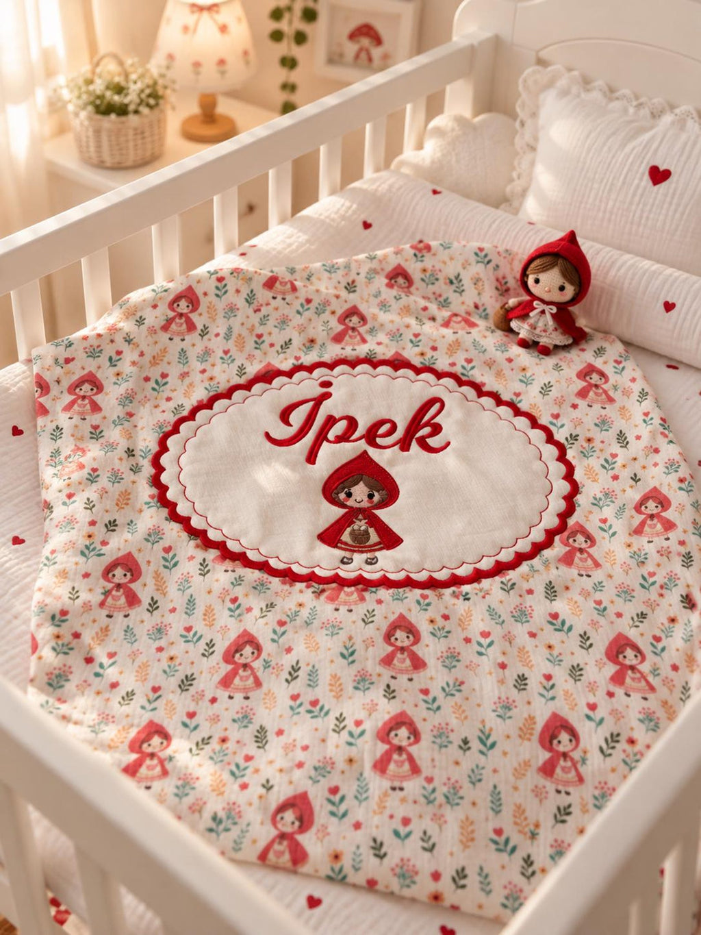 Personalisierte Rotkäppchen Bio-Muslin Babydecke mit Wunschnamen – Märchenhaftes Design (90x110 cm)