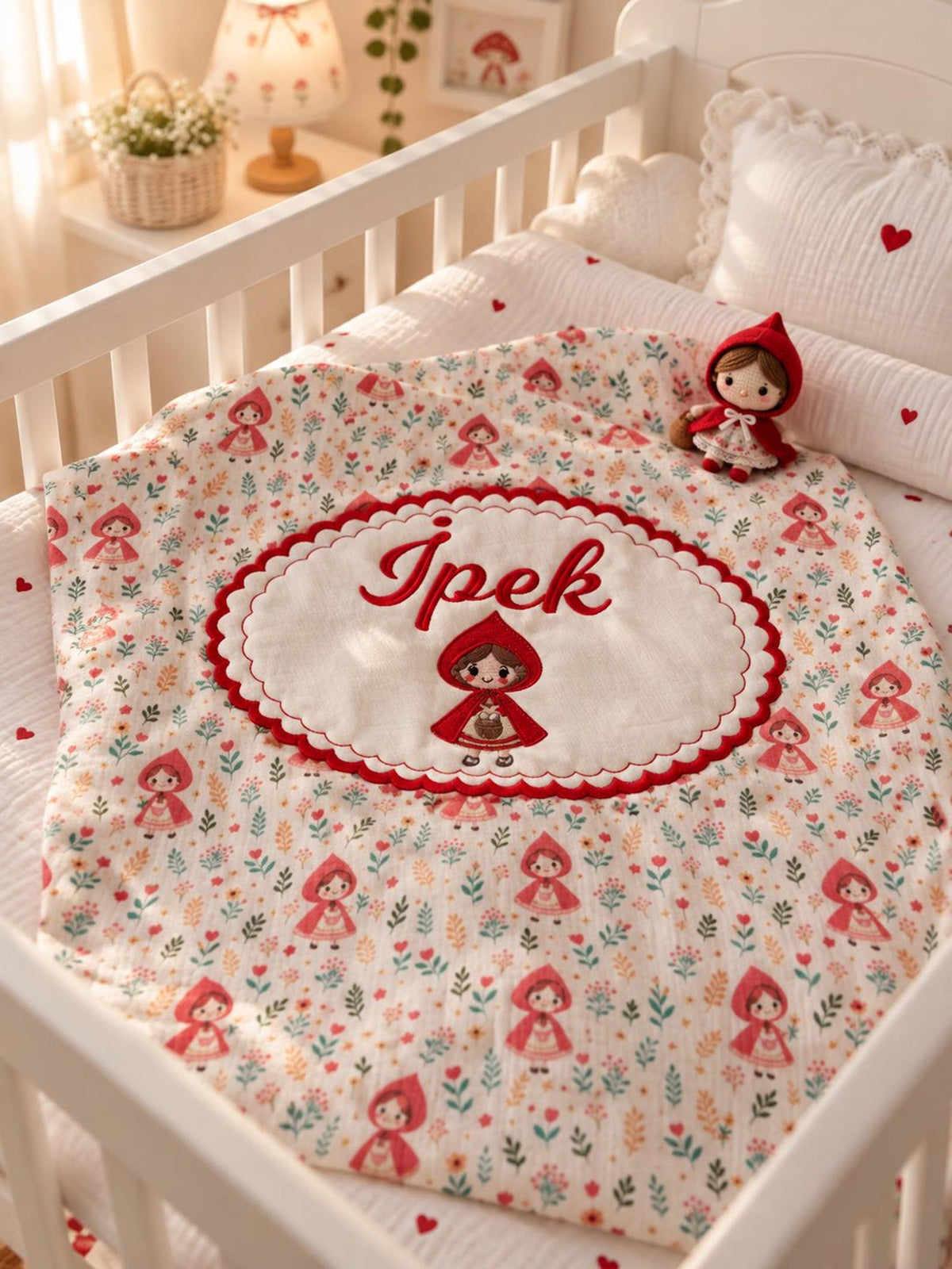 Personalisierte Rotkäppchen Bio-Muslin Babydecke mit Wunschnamen – Märchenhaftes Design (90x110 cm)